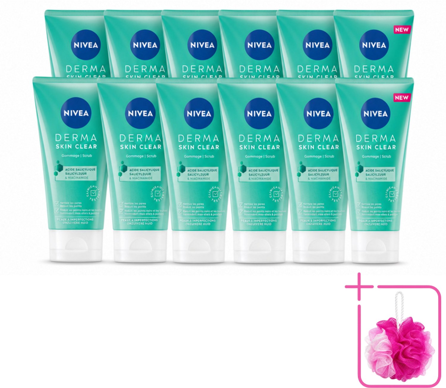 12 x NIVEA - Gezichtsscrub - DERMA Huidzuiver - Voor onzuivere huid - Met Salicylzuur (AHA) & Niacinamide - Tegen Acne & Mee-eters - 150 ml - Bulkverpakking - Gezichtsverzorging - Douchemop - Puistjes