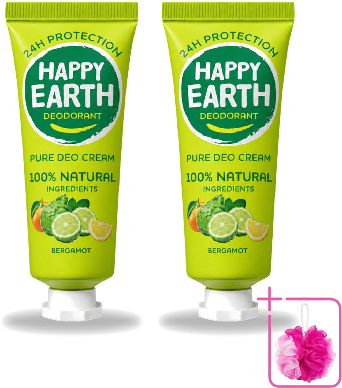 2 x Happy Earth – Deodorant Cream – 100% Natuurlijk Bergamot – 40 ml - Bulkverpakking - Natuurlijke deodorant - Douchemop - Bergamot deodorant