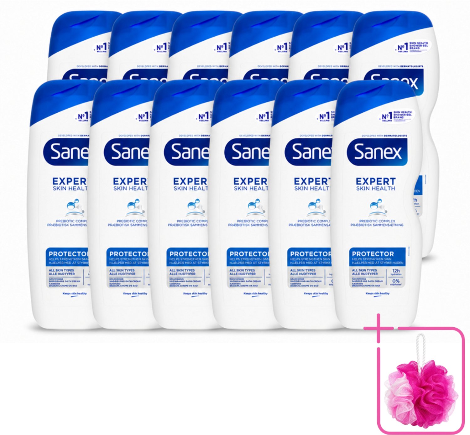 12 x Sanex – Douchegel – Expert Skin Health Protector – 600 ml - Bulkverpakking - Huidversterkend - Douchemop - Huidbarrière