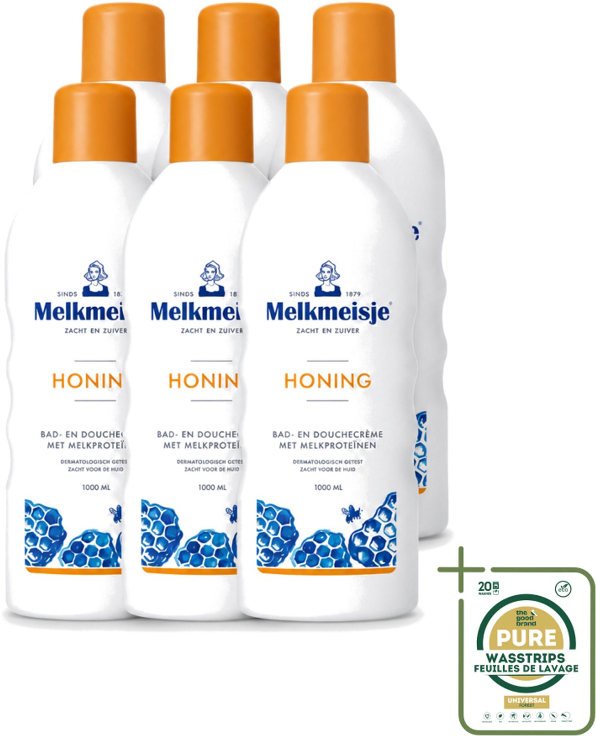 6 x Melkmeisje – Bad & Douche – Honing – 1000 ml - Wasstrips - Bad En Douche Crème - Honing Crème - Voedend Badmiddel - Verzorgend Badmiddel - Honinggeur