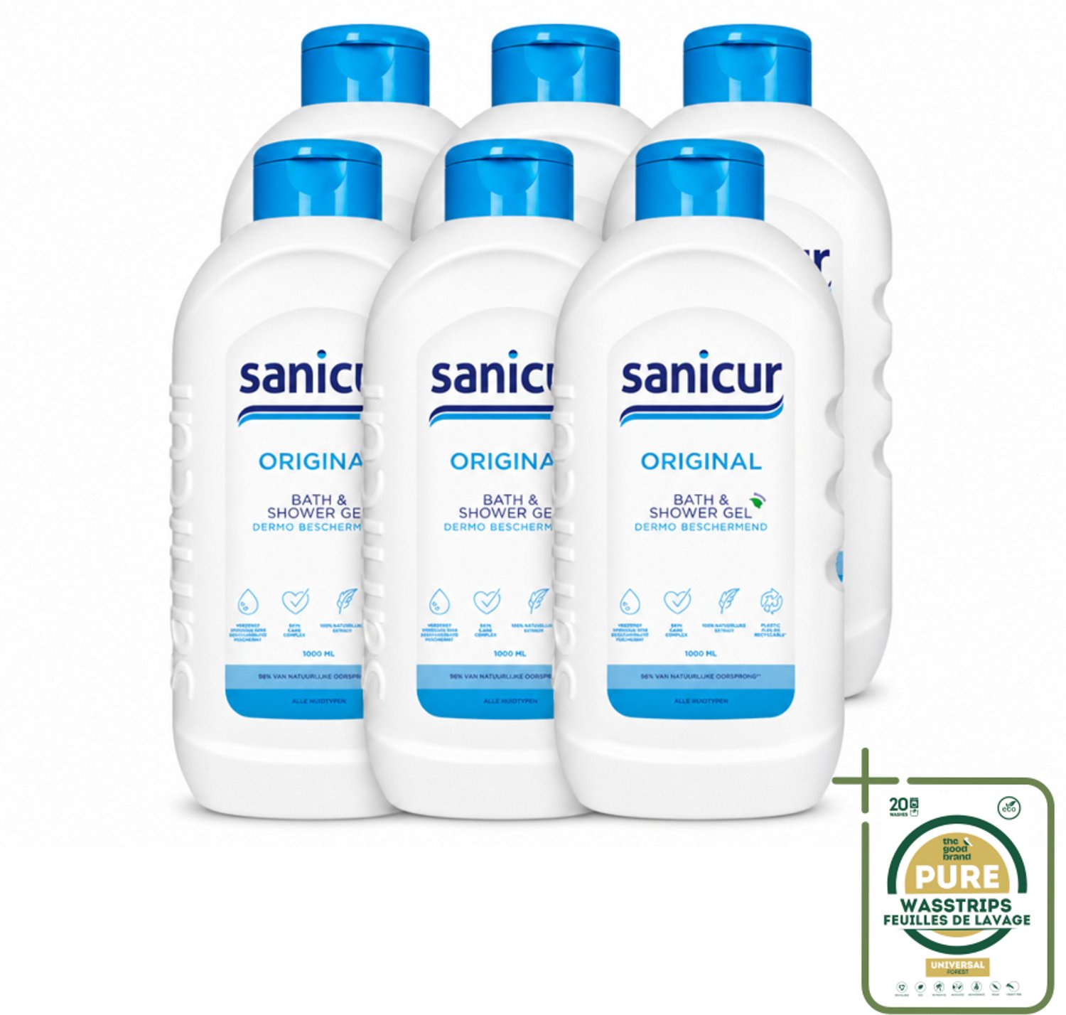 6 x Sanicur – Bad & Douchegel – Original – 1000 ml - Wasstrips - Bad En Douche Gel - Huidverzorging - Vochtregulerend - PH Huidneutraal - Huidbeschermend