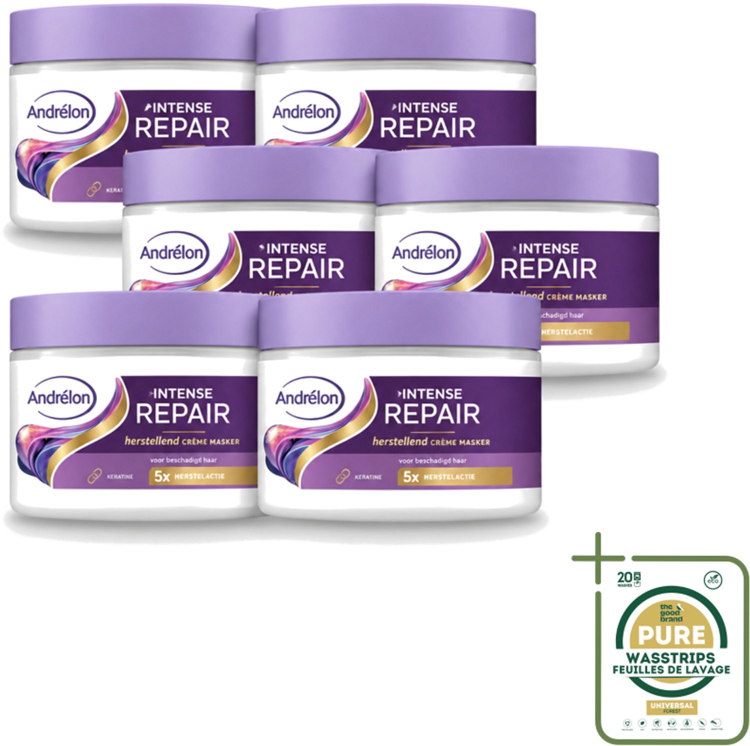 6 x Andrélon – Crème Haarmasker – Intense Repair – 300 ml - Wasstrips - Haarmasker - Haarherstel - Keratine - Beschadigd Haar - Intensief Herstel
