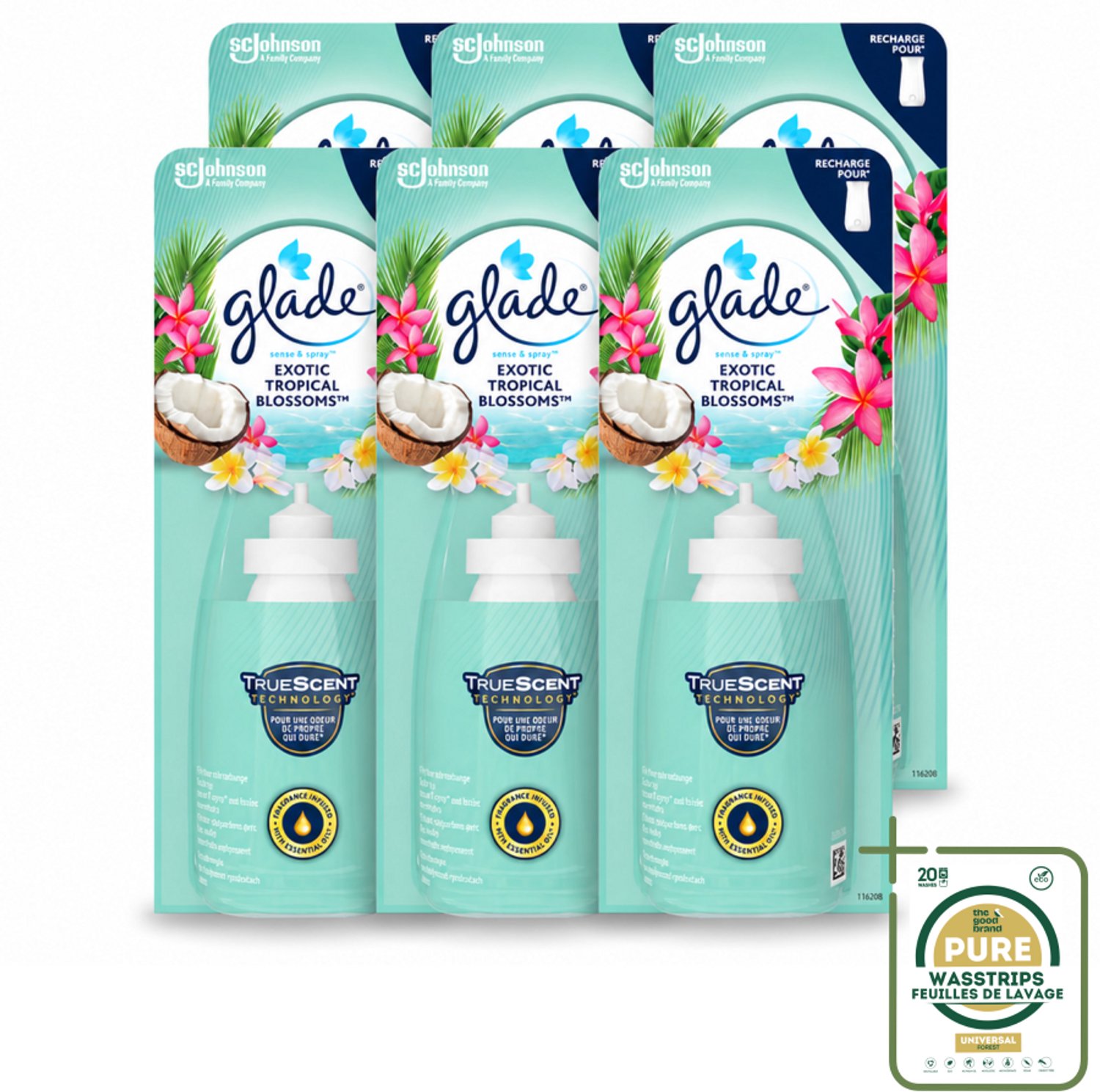 6 x Glade – Sense & Spray Navulling – Exotic Tropical Blossoms – 18 ml - Wasstrips - Tropische Geur - Luchtverfrisser Met Bewegingssensor - Kokos En Bloemen - Exotische Geur - Luchtverfrisser