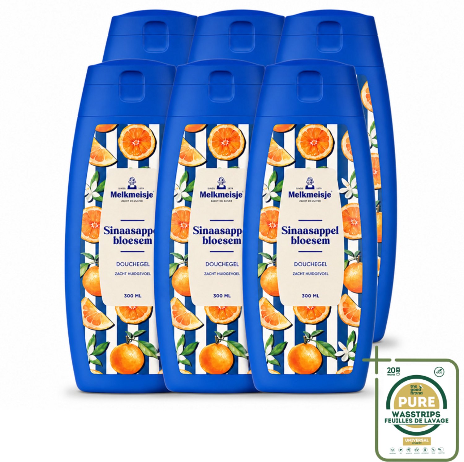 6 x Melkmeisje – Douchegel – Sinaasappelbloesem – 300 ml - Wasstrips - Douchegel Sinaasappel - Douchegel Sinaasappelbloesem - Fris Huidgevoel - Zachte Douchegel - PH-huidneutraal