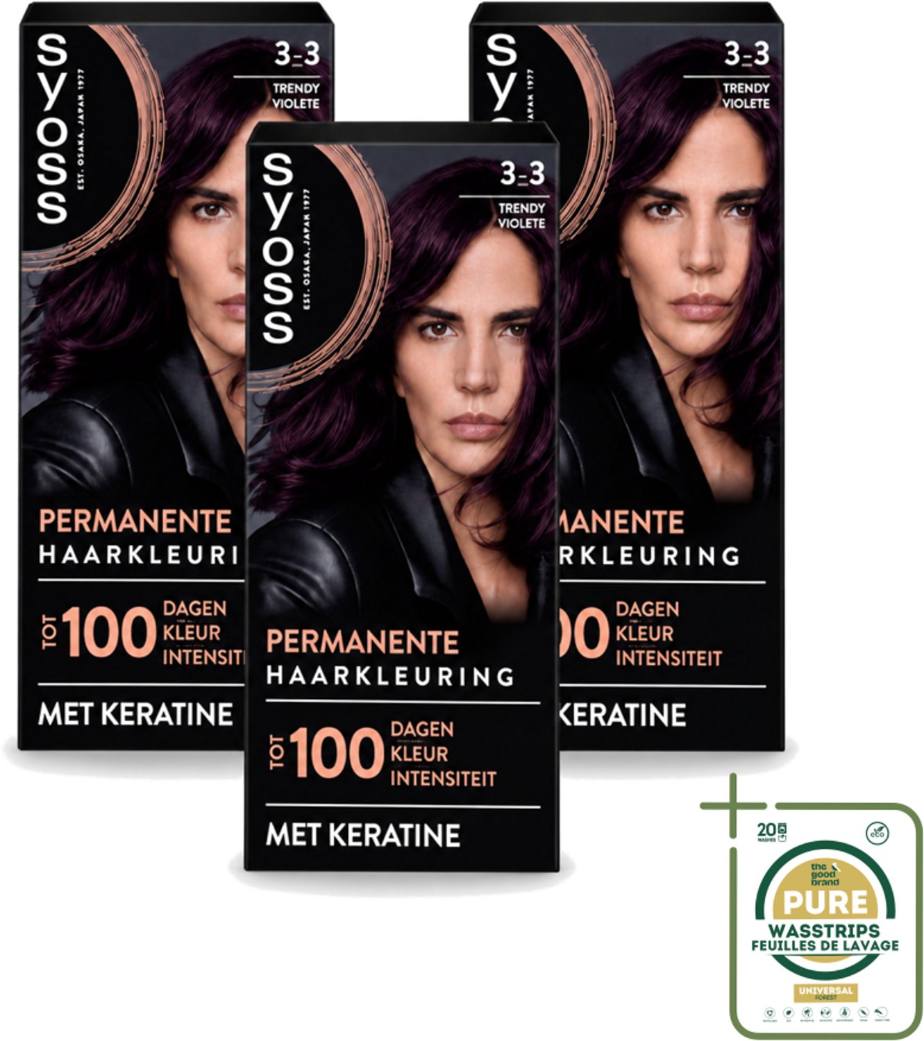 3 x SYOSS Permanent Coloration 3-3 - Haarverf - Trendy Violet - Wasstrips - Haarkleur - Haarverf - Keratine - Grijsdekking - Haarverf Permanent