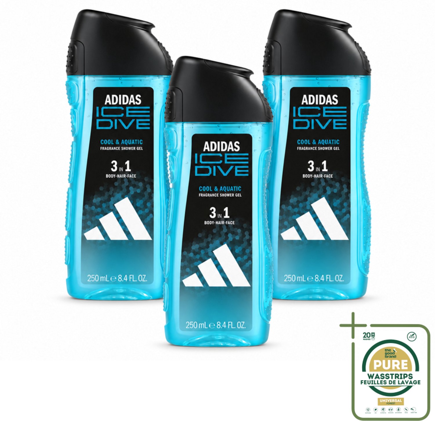 3 x Adidas – Douchegel 3-in-1 – Ice Dive – 250 ml - Wasstrips - Douchegel - Sportdouchegel - Frisse Douchegel - 3-in-1 Douchegel - Menthol Douchegel