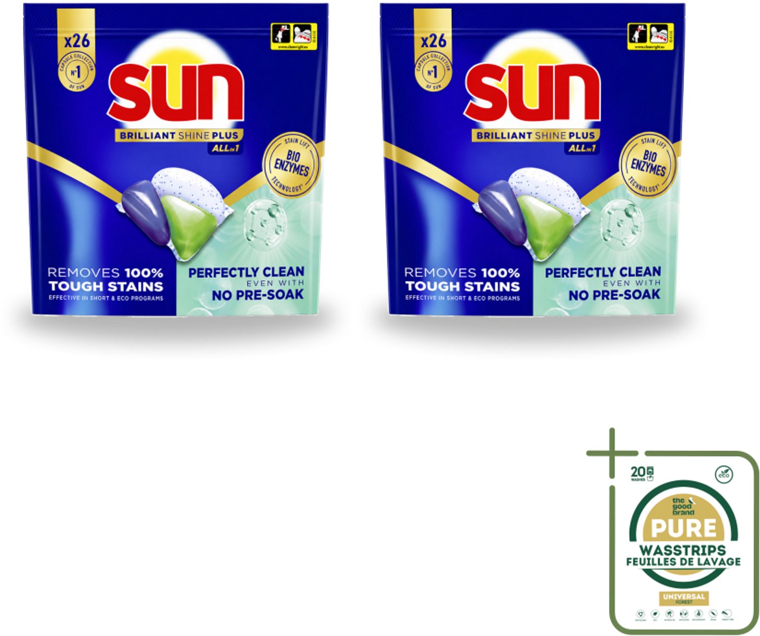 2 x Sun – Vaatwascapsules – Brilliant Shine+ All-in-1 - 26 capsules - Wasstrips - Vaatwasmiddel - Vaatwascapsules - Schone Vaat - Vlekken Verwijderen - Vaatwasmiddel Voor Korte Programma's