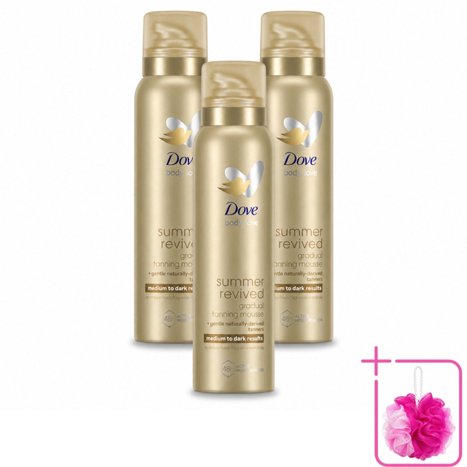 3 x Dove – Bodymousse – Summer Revived Medium-Dark – 150 ml - Bulkverpakking - Zelfbruinende bodymousse - Douchemop - Natuurlijke teint