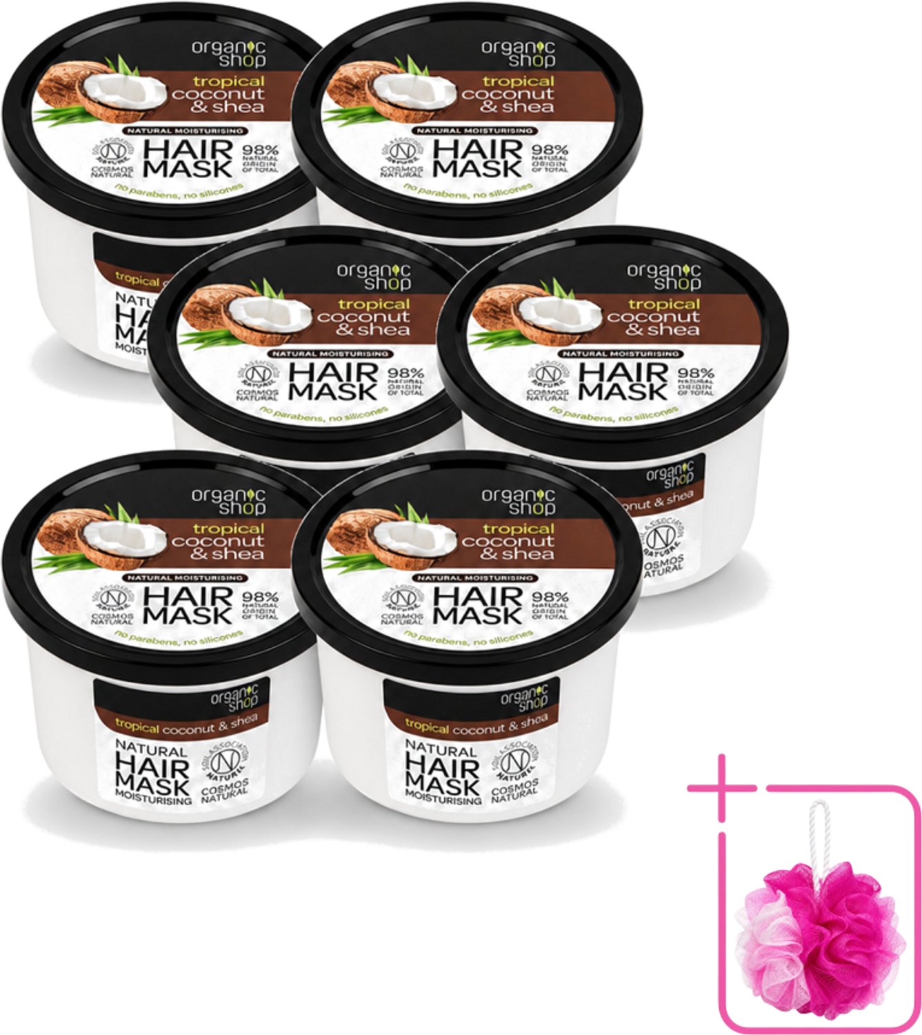 6 x Organic Shop - Haarmasker Coconut & Shea - Verzorgend en Voedend - 250 ml - Bulkverpakking - Haarmasker - Douchemop - Kokosnoot