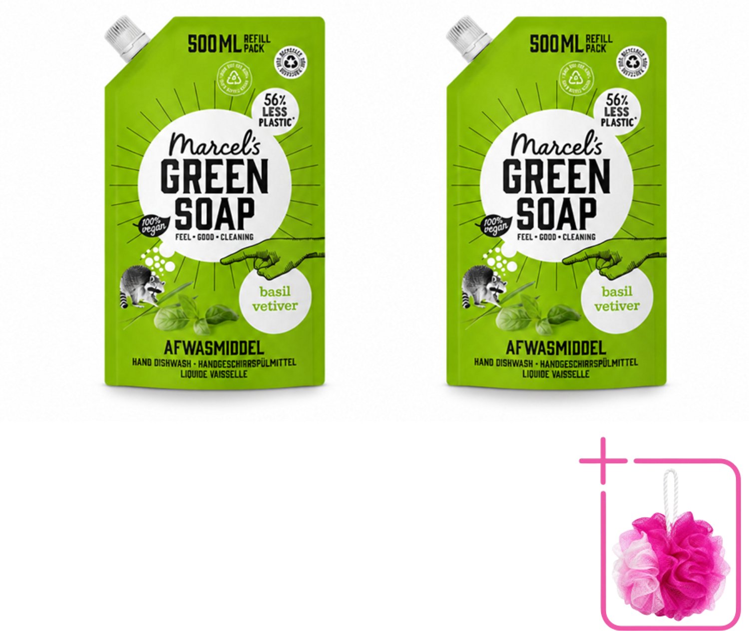 2 x Marcel's Green Soap - Navulling - Afwasmiddel - Basilicum & Vetiver Gras - Plantaardig & duurzaam - 500 ml - Bulkverpakking - Afwasmiddel - Douchemop - Navulverpakking