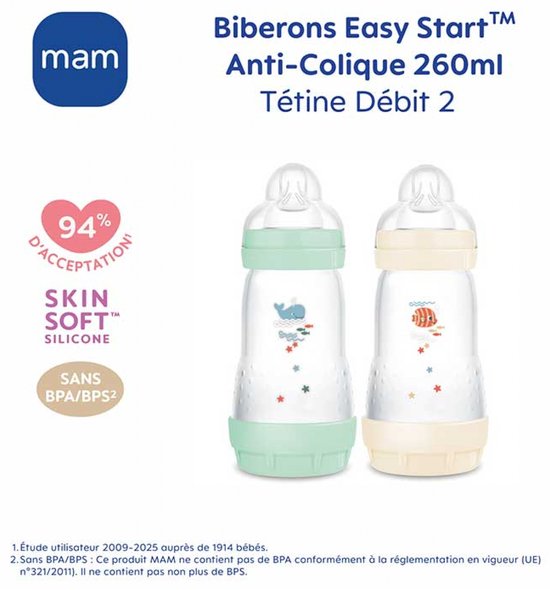 Set van 2 Babyflessen - MAM - Easy Start - Klassiek Anti-Koliek - 260 ml - Doorstroomsnelheid 2 spenen - Mint + Katoen — afbeelding 4