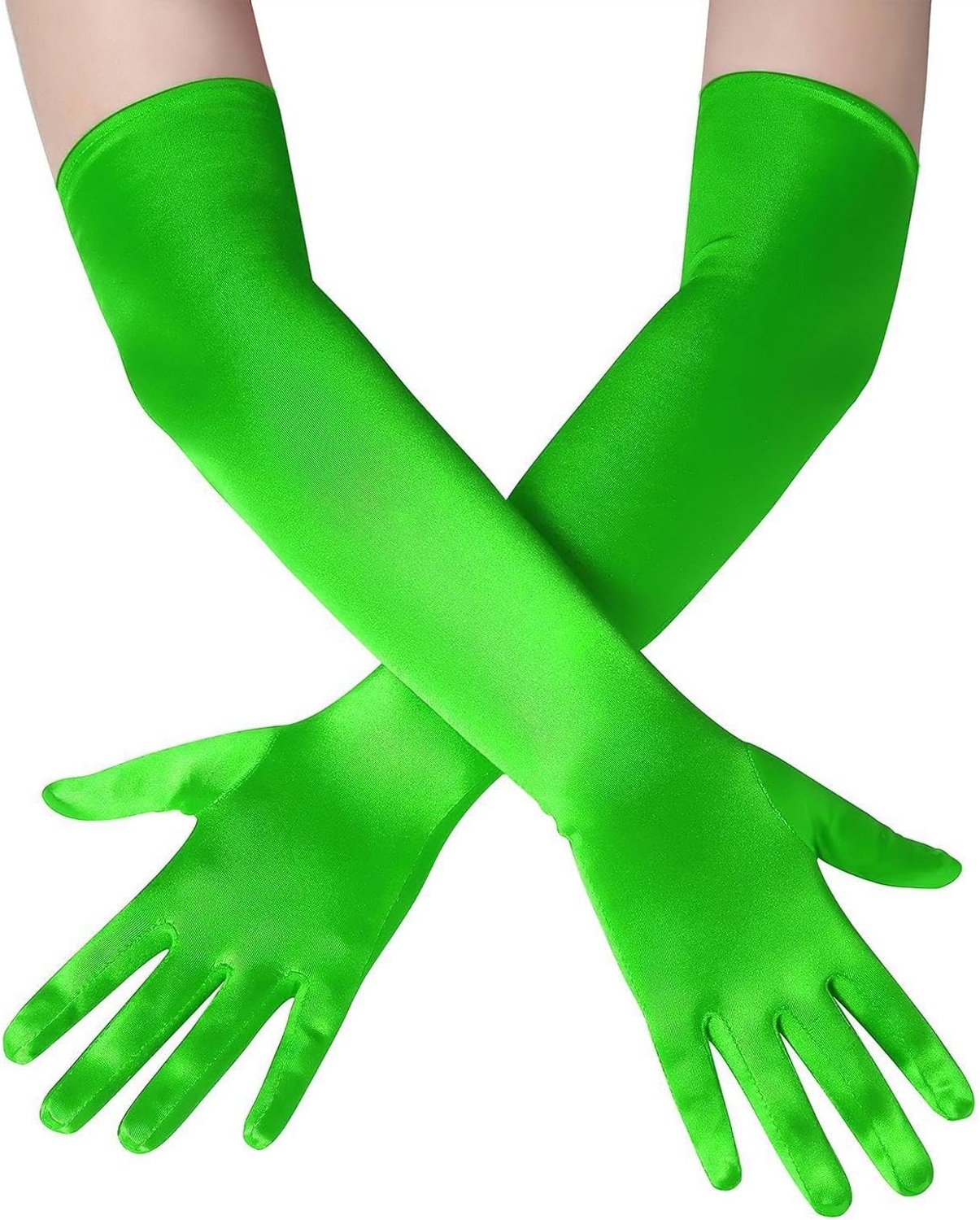 1 paar groene satijnen stretch lange handschoenen, klassieke en modieuze eenvoudige, effen gekleurde handschoenen voor vrouwen, feestjurk accessoires., groen, M