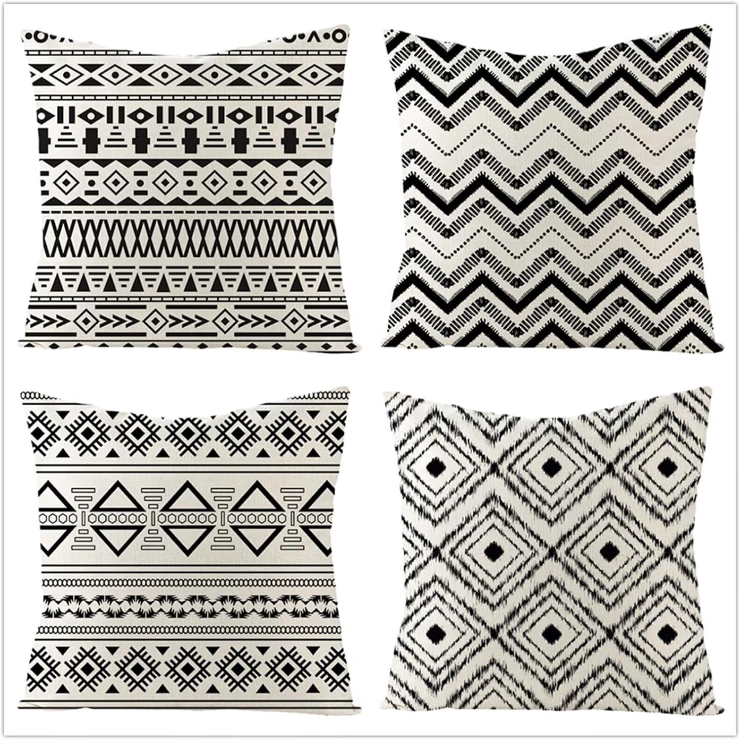 Buitenkussens, 4 stuks, 65 x 65 cm, zwart en wit geometrie, tuinkussens, velours, zachte kussenhoes voor buiten, met onzichtbare rits, voor bank, stoel, woonkamer, set van 4
