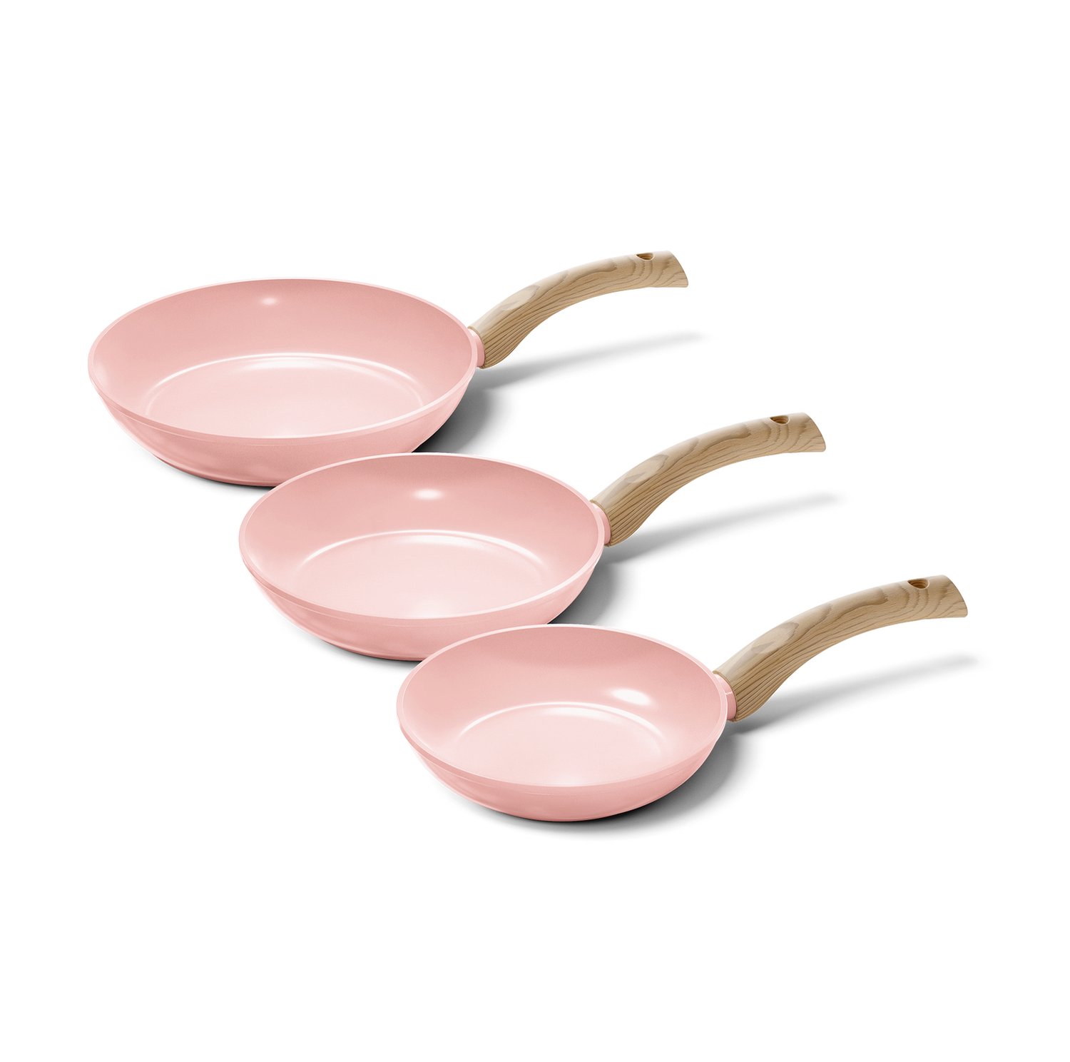 Cook & Pan - Koekenpannenset 3-delig + 3 glazen deksels - PFAS vrij - Inductie Keramisch - Non stick - 7 jaar garantie - Roze