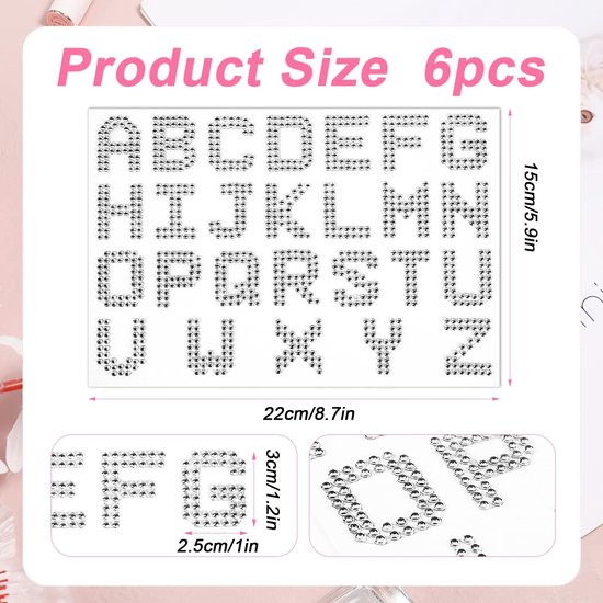 156 Stuks Strass Briefstickers, 6 Vellen Zelfklevend Glitterletters voor Handwerk Diamantbriefstickers Bling Lettersstickers voor Doe-Het-Zelf Kunstambacht Kledingdecor (Zilver) — afbeelding 5