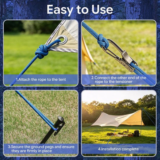 6 stuks touwspanners van metaal + 6 stuks touw 3 mm x 5 m, touwspanner met touwrol, touwspanner camping met gevlochten touw, geschikt voor camping, luifels, boottochten, hangmat, zonder knopen — afbeelding 5