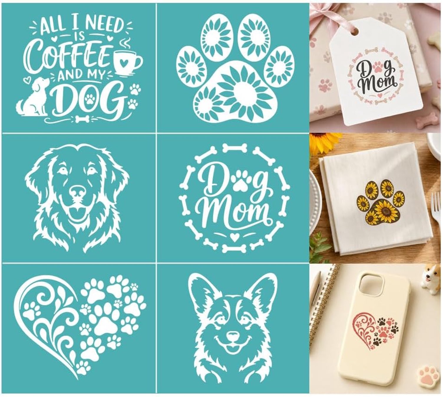 2 vellen zeefdruksjabloon met hondenmotief puppy pootafdruk schildersjablonen afwasbaar zelfklevend zeefdruk voor wandranden hout stof woondecoratie