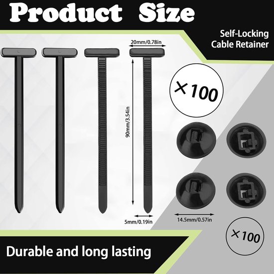 100 stuks Heavy Duty Nylon Universele Kabelbinder Gesp, Zelfborgende Auto Zip Tie Gesp Houder met Pin & Knop, Snap-Fit Bumper Retainer Rits Clips voor Auto Panel Bevestigingen Spatbord Liner (100) — afbeelding 5