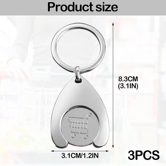 3 stuks winkelwagenmuntje, sleutelhanger, afneembare sleutelhanger met winkelwagenmunt, zilveren winkelwagenchip, metalen winkelwagenmuntje, muntjes voor winkelwagen, muntje, zilver, S — afbeelding 3