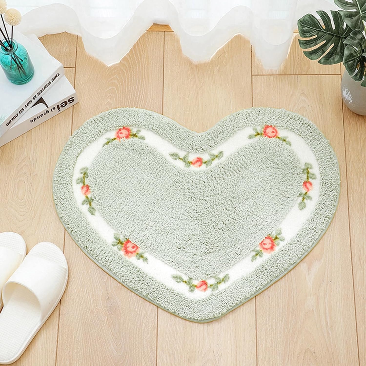 Badkamer Matten Absorberend Drempelmat Snel Droogende Vloerkleed Antislip, Tapijt Vloer Hartvormige Badkamer Antislip Mat Groen 45 x 50 cm