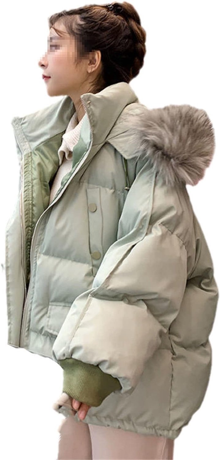 Winter Dames Donsjack Kort Student Dikke Losse Jas Mode Bontkraag Jas,Green-Medium