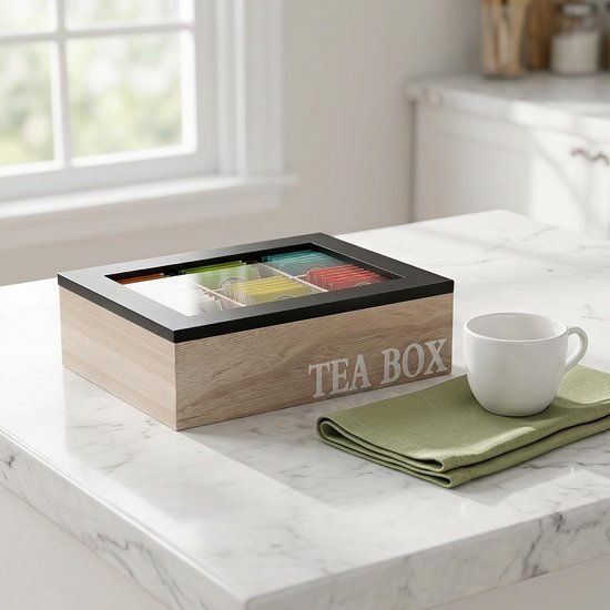Vintage Houten Theedoos met Vakken Glazen Multifunctionele Theebag Organizer voor Keuken Woonkamer Overzichtelijk Stijlvol Theeblad Opslag — afbeelding 5