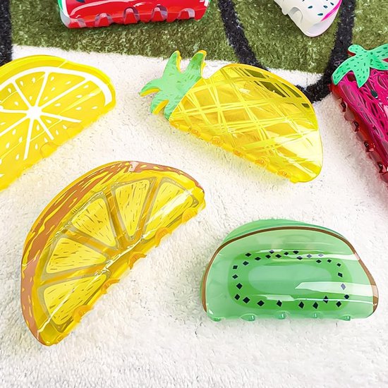 2 stuks haarspeldjes in de vorm van fruit - haaraccessoires van acryl met citroen en kiwi, mooie opvallende haarspeldjes 9,5 x 5 cm/8 x 4,5 cm — afbeelding 3
