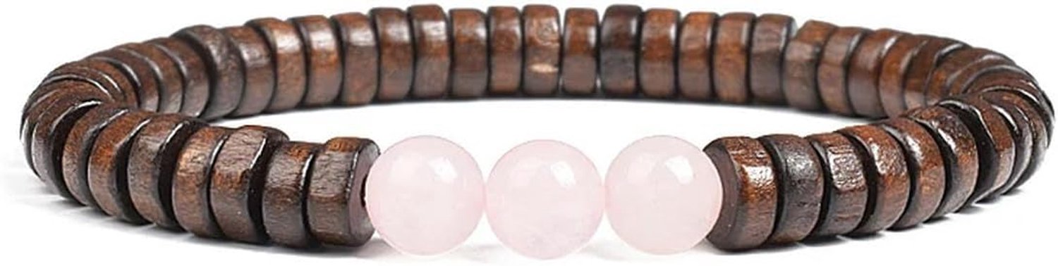 Cilindrische Houten Kralen Met Natuursteen Armband Voor Mannen Vrouwen Elastische Touw Gele Steen En Houten Bangle, 19cm-7.5inch, Steen Emaille Glas, Zirkonia Agaat obsidiaan