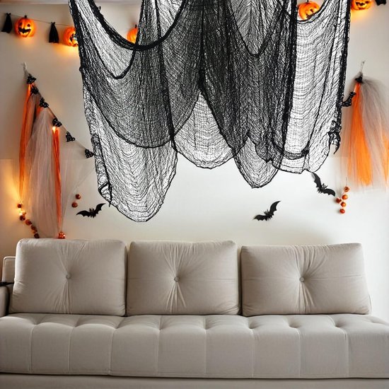 6 Stuks Delige Zwarte Halloween Gauze van Polyester-katoen Herbruikbare Lichtgewicht Spookachtige Decoratie voor Ramen Deuren Tuin voor Enge Halloween-feestjes — afbeelding 4
