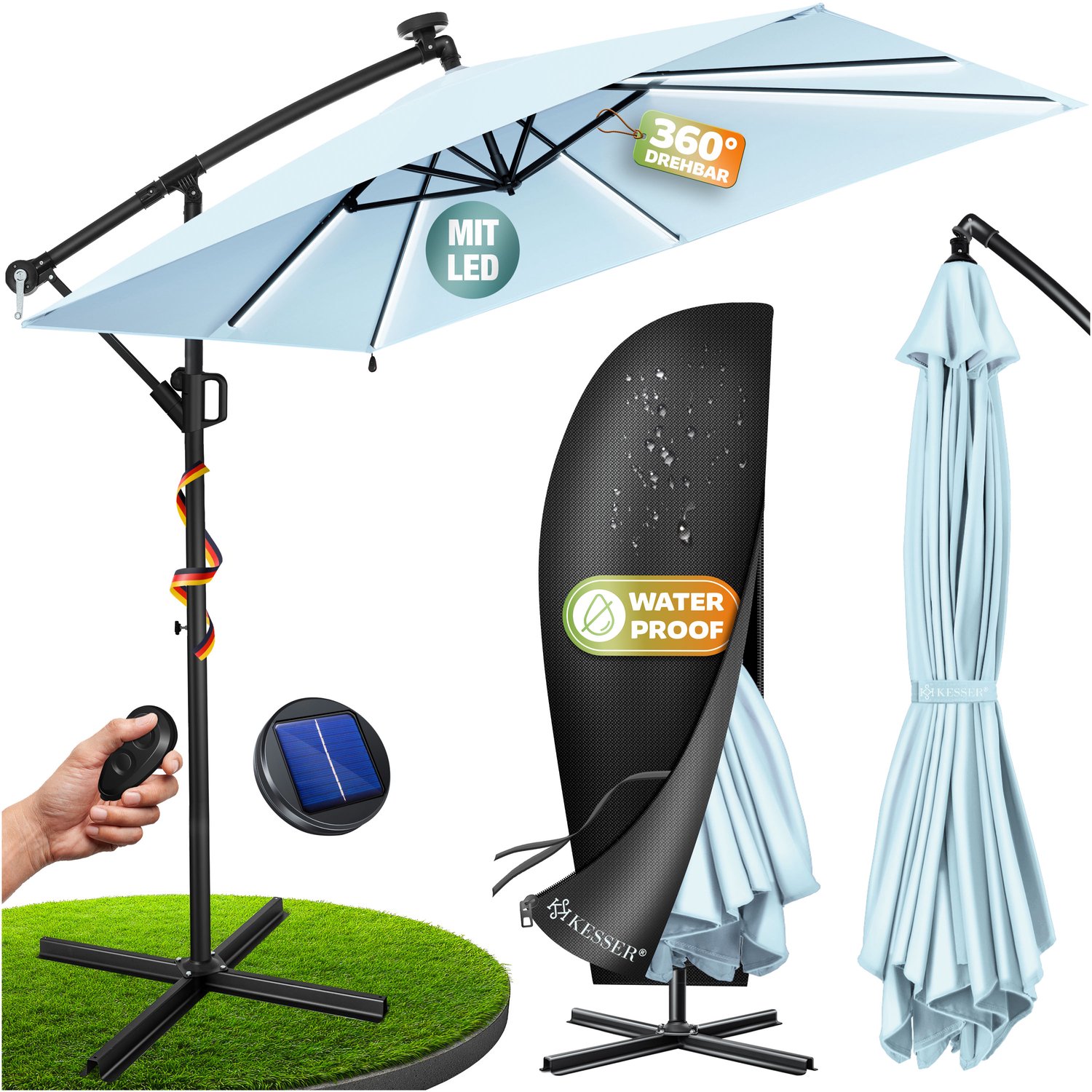 KESSER® Zweefparasol Holly – Parasol met hoes, windbescherming en zwengel – UV-bescherming, aluminium, waterafstotend – Tuinparasol Marktparasol – Lichtblauw/Zwart