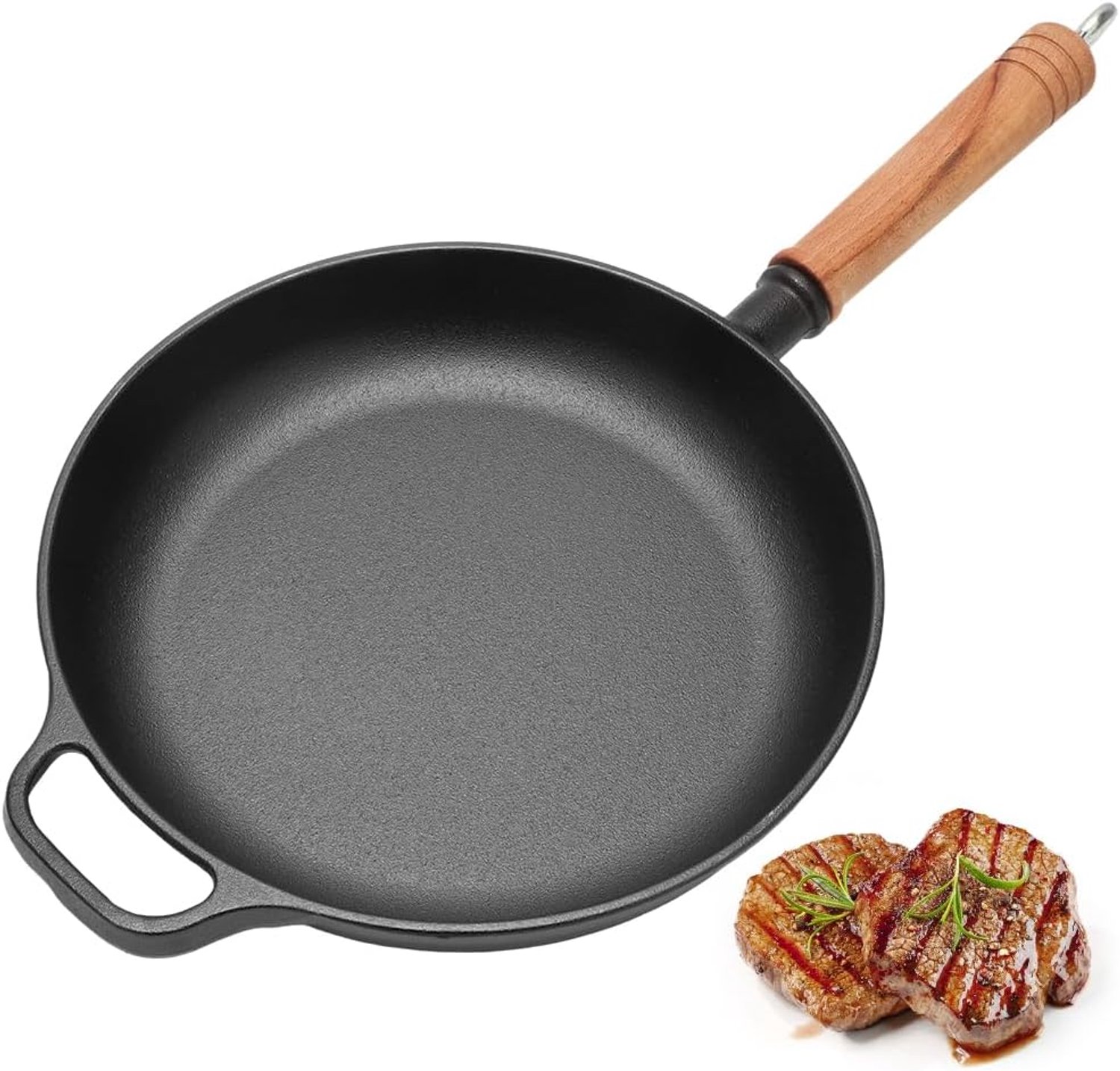 Pan, gietijzeren pan, 27 cm, braadpan, grillpan, zonder coating, handvat van massief hout, voor de grill, gasgrill, oven (27 cm)