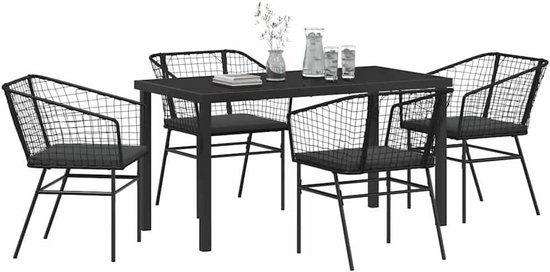 Poly rattan glazen tafelblad buiten eetset moderne zwarte 5 delige set — afbeelding 5