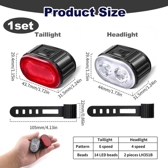 Fietsverlichting - Set voor- en achterlicht - LED-fietsverlichting - USB oplaadbaar - Met spot- en breedstralerstanden - Geschikt voor nachtelijke ritten op de weg en mountainbike - 2 stuks — afbeelding 2