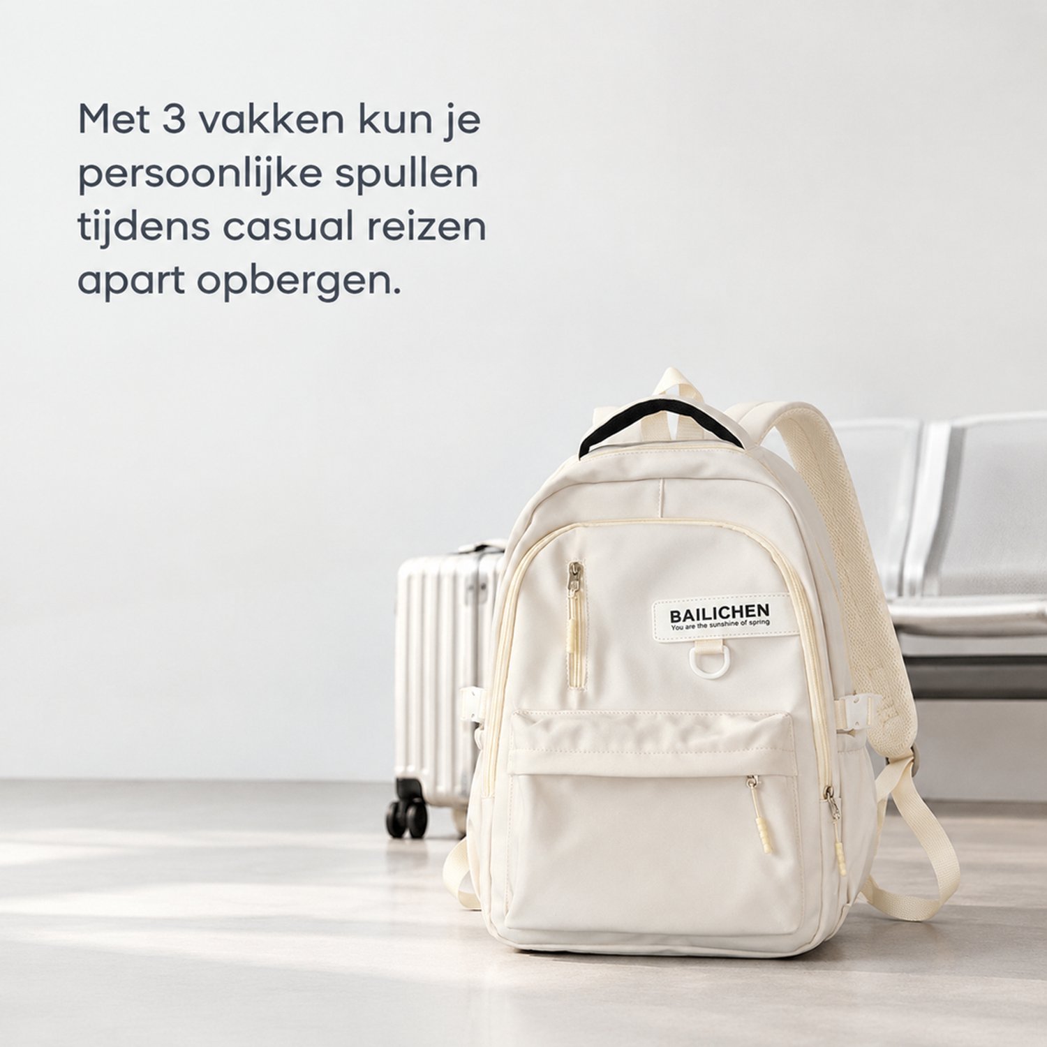 Rugzak met 3 vakken en gebogen schouderbanden voor casual reizen, wit, zonder hanger