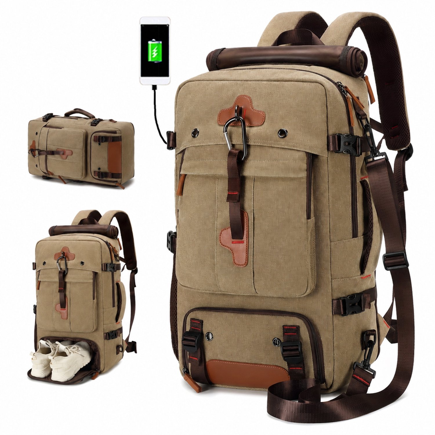 Rugzak - 28 × 17 × 53 cm - gebogen schouderbanden - voor reizen en outdoor - kaki