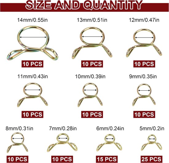 Slangklemmen voor brandstofslang, 120 stuks, 5-14 mm, veerklemmen, enkele draad, slangklemmen voor benzine-, lucht- en waterleidingen (10 maten) — afbeelding 5