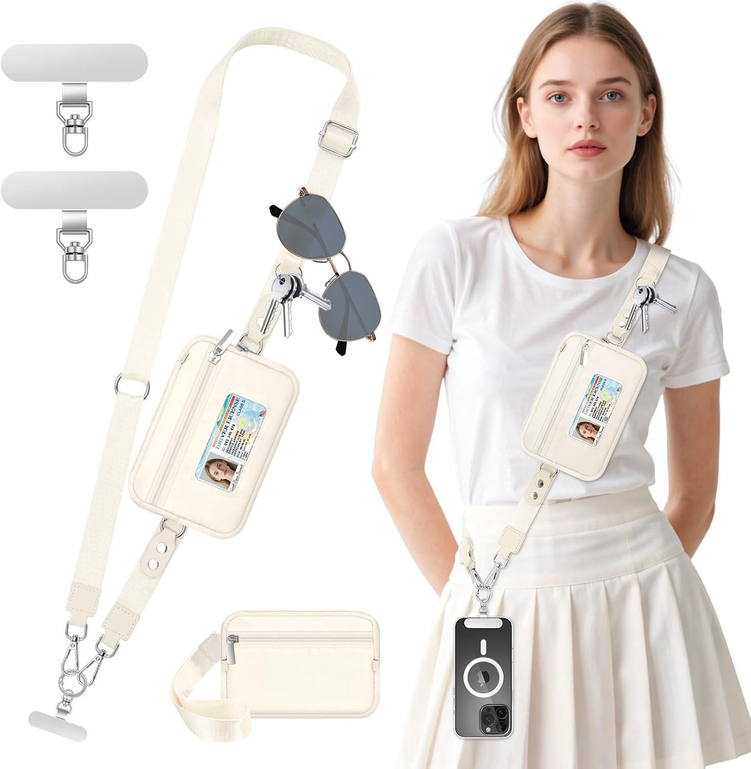 Crossbody Lanyard met RFID Portemonnee, Verstelbare Clip en Afneembare Tas voor Smartphones