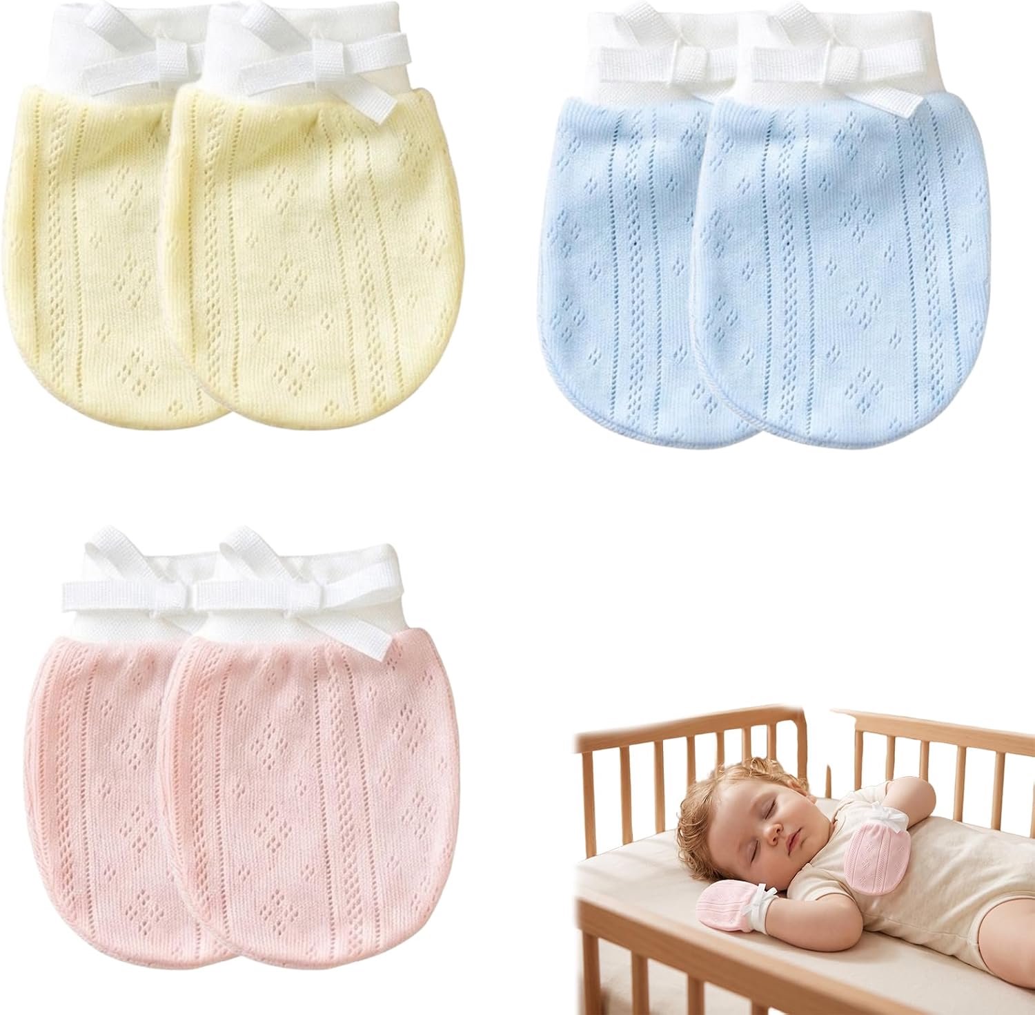 3 paar washandschoenen voor pasgeborenen, krasbestendig, van puur katoen, handschoenen voor baby's van 0 tot 6 maanden, accessoires voor pasgeborenen (blauw, roze, geel, 10,5 x 7,5 cm)