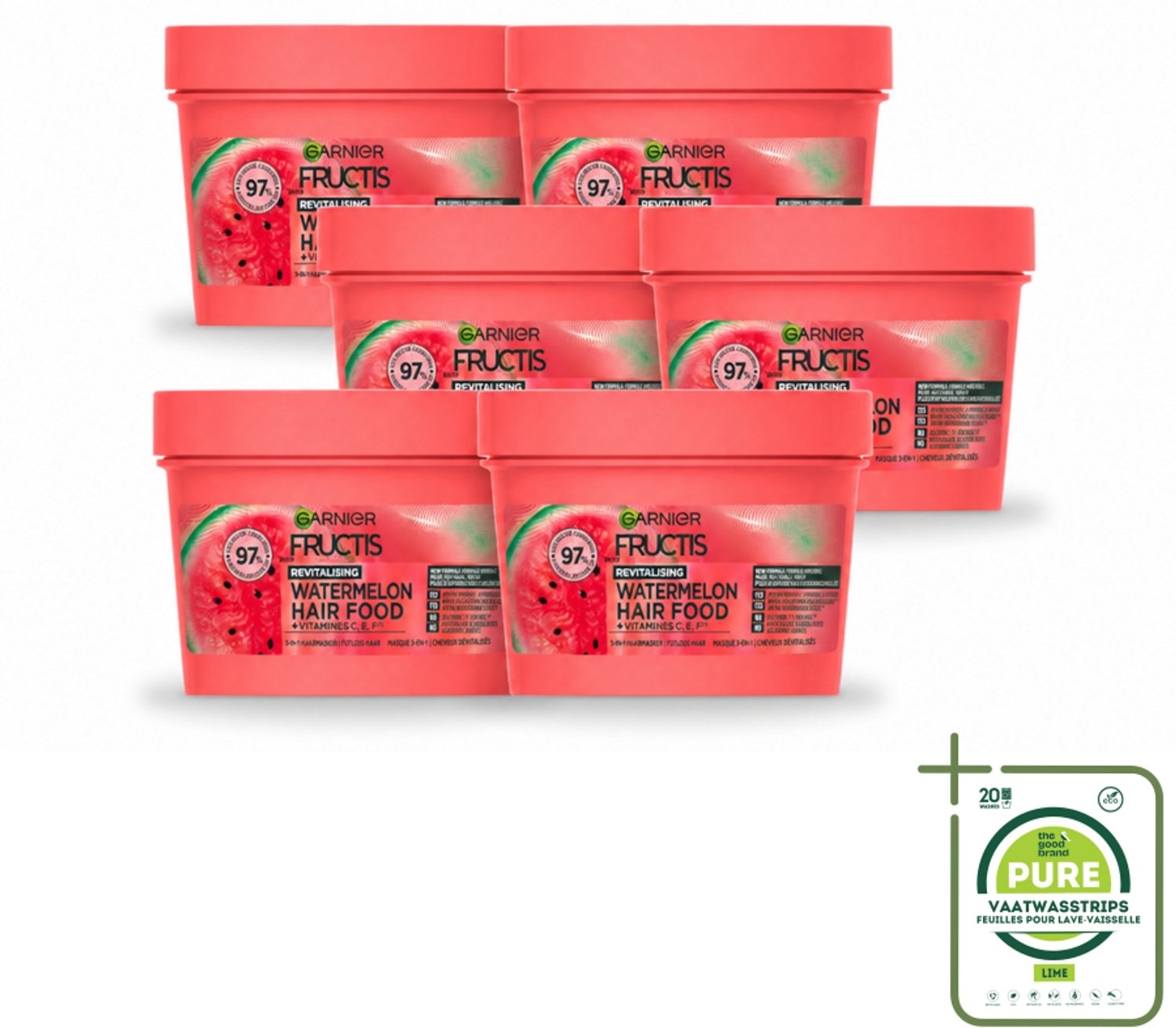 6 x Garnier - Fructis Hair Food Watermelon - 3-in-1 Haarmasker - Futloos Haar - 400 ml - Grootverpakking - Vaatwasstrips - Haarmasker - Watermeloen - Hydraat - Futloos Haar - Natuurlijke Oorsprong