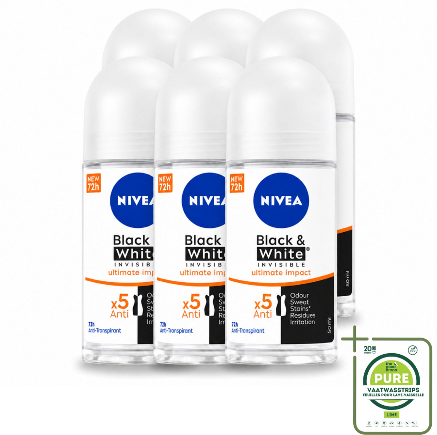 6 x NIVEA - Deodorant Roller - Zwart & Wit Ultieme Impact - 72 Uur Anti-Transpirant - 50 ml - Grootverpakking - Deodorant Roller - Anti-vlek - Anti-transpirant - Huidbescherming - Kledingbescherming