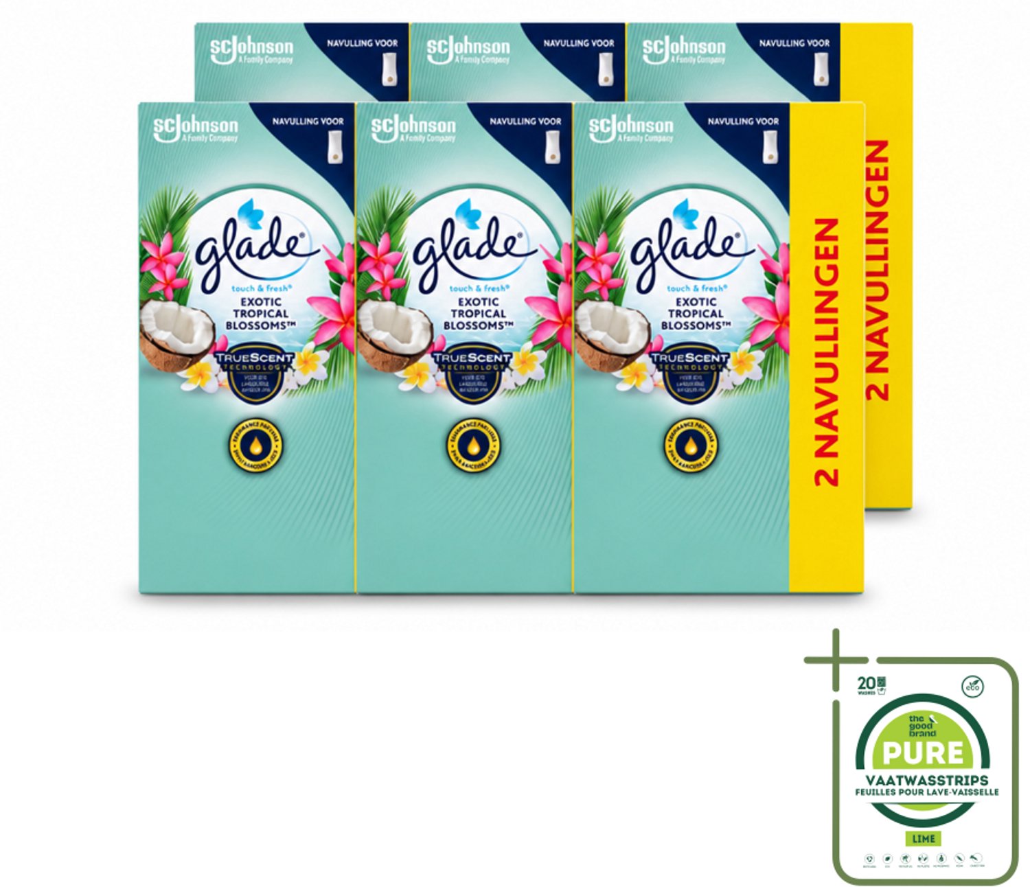 6 x Glade - Touch & Fresh - Exotic Tropical Blossoms - 2x 10 ml - Grootverpakking - Vaatwasstrips - Geur - Frisheid - Monoi Olie - Tropische Bloemen - Kokosmelk