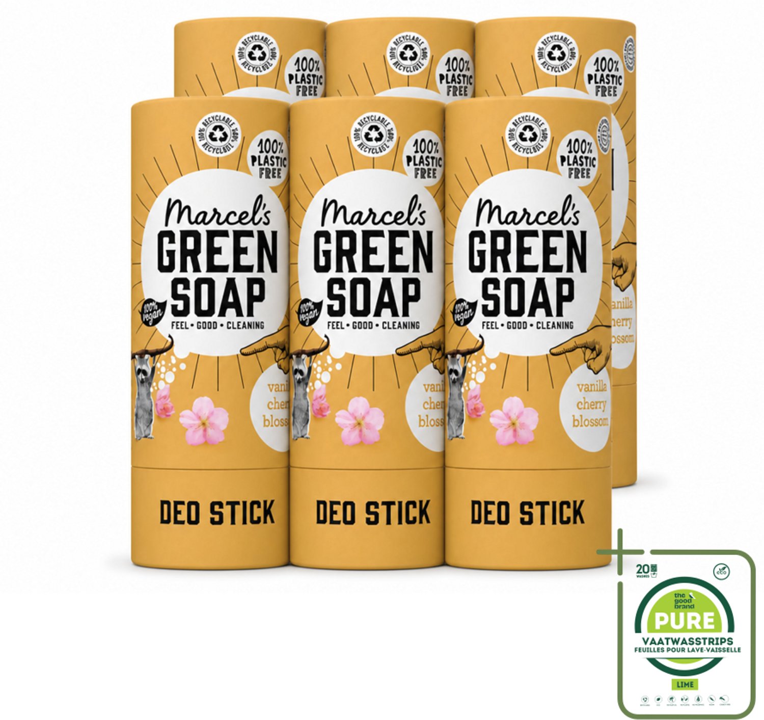 6 x Marcel's Green Soap - Deodorant Stick - Vanille & Kersenbloesem - Langdurige frisheid - 40 gr - Grootverpakking - Vaatwasstrips - Deodorantstok - Natuurlijke Deodorant - Duurzame Deodorant - Vegan Deodorant - Biologische Deodorant