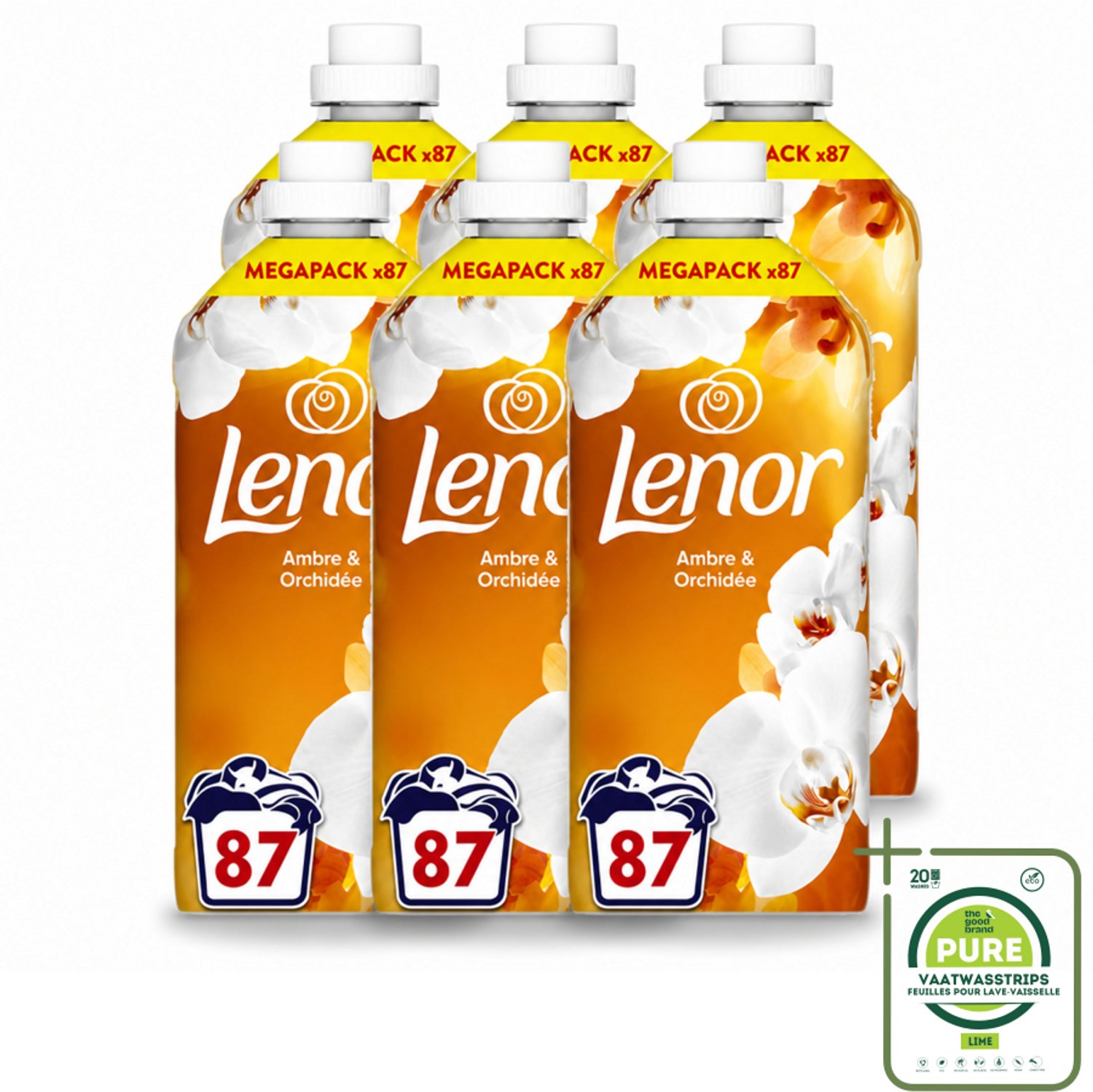 6 x Lenor - Wasverzachter - Amber & Orchidee - Fris & Zacht - 87 Wasbeurten - Grootverpakking - Vaatwasstrips - Wasverzachter - Geur - Frisheid - Ontspanning - Wasgeur