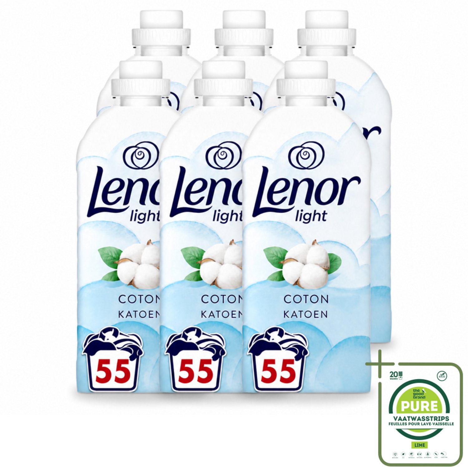 6 x Lenor Light - Wasverzachter - Katoen - Fris & Zacht - 55 Wasbeurten - Grootverpakking - Vaatwasstrips - Wasverzachter Katoen - Wasverzachter Fris - Wasverzachter Katoen Bloesem - Wasverzachter Milde Frisheid - Wasverzachter Zachte Was