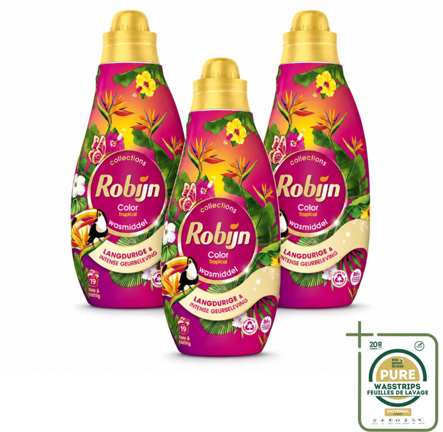 3 x Robijn - Klein & Krachtig Color Tropical - Wasmiddel - 19 Wasbeurten - 665 ml - Wasstrips - Kleurbehoud - Tropische Geur - Wasmiddel Voor Gekleurde Was - Vloeibaar Wasmiddel - Wasmiddel 665 Ml