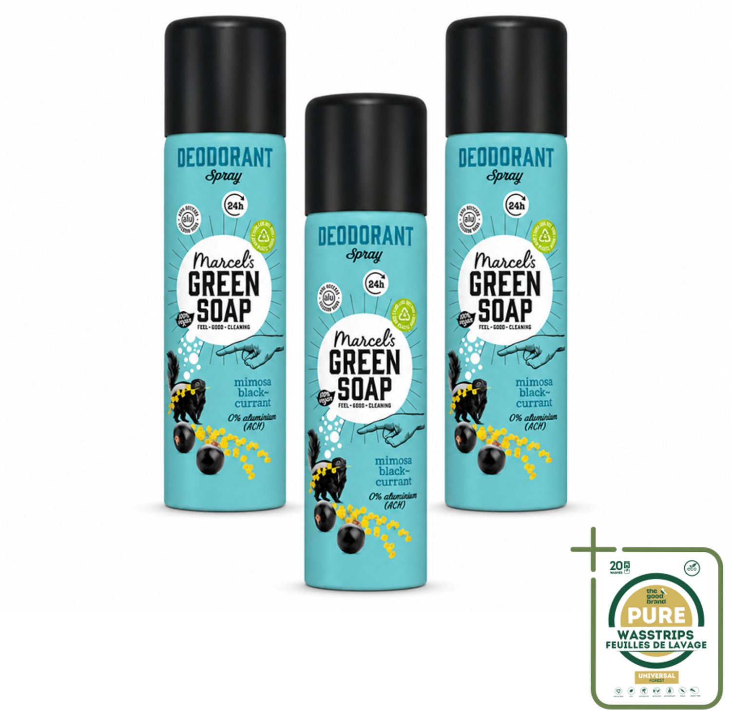 3 x Marcel's Green Soap - Deodorant Spray - Mimosa & Blackcurrant - Langdurige frisheid - 150 ml - Wasstrips - Deodorant Spray - Geur - Frisheid - Mimosa - Zwarte Bes