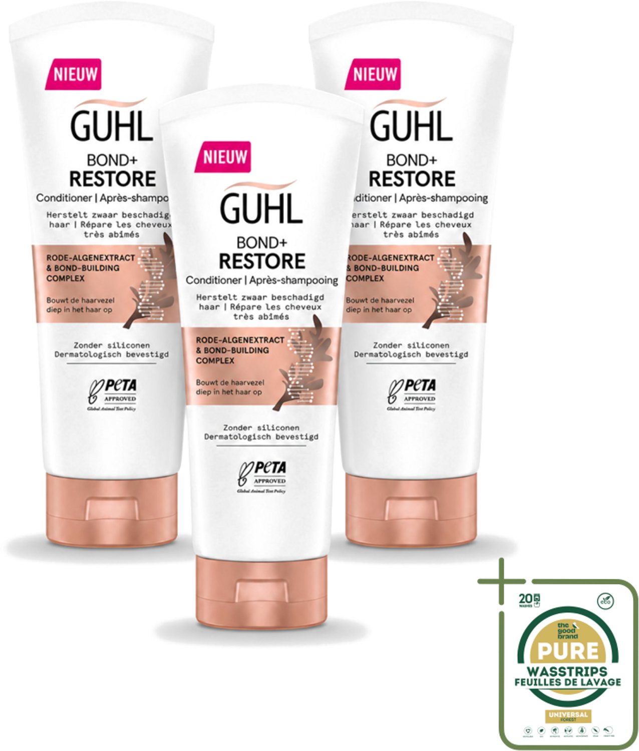 3 x Guhl - Conditioner - Bond+ Restore - 200 ml - Wasstrips - Herstel Haar - Versterk Haar - Beschadigd Haar - Haarstructuur - Haarbruggen