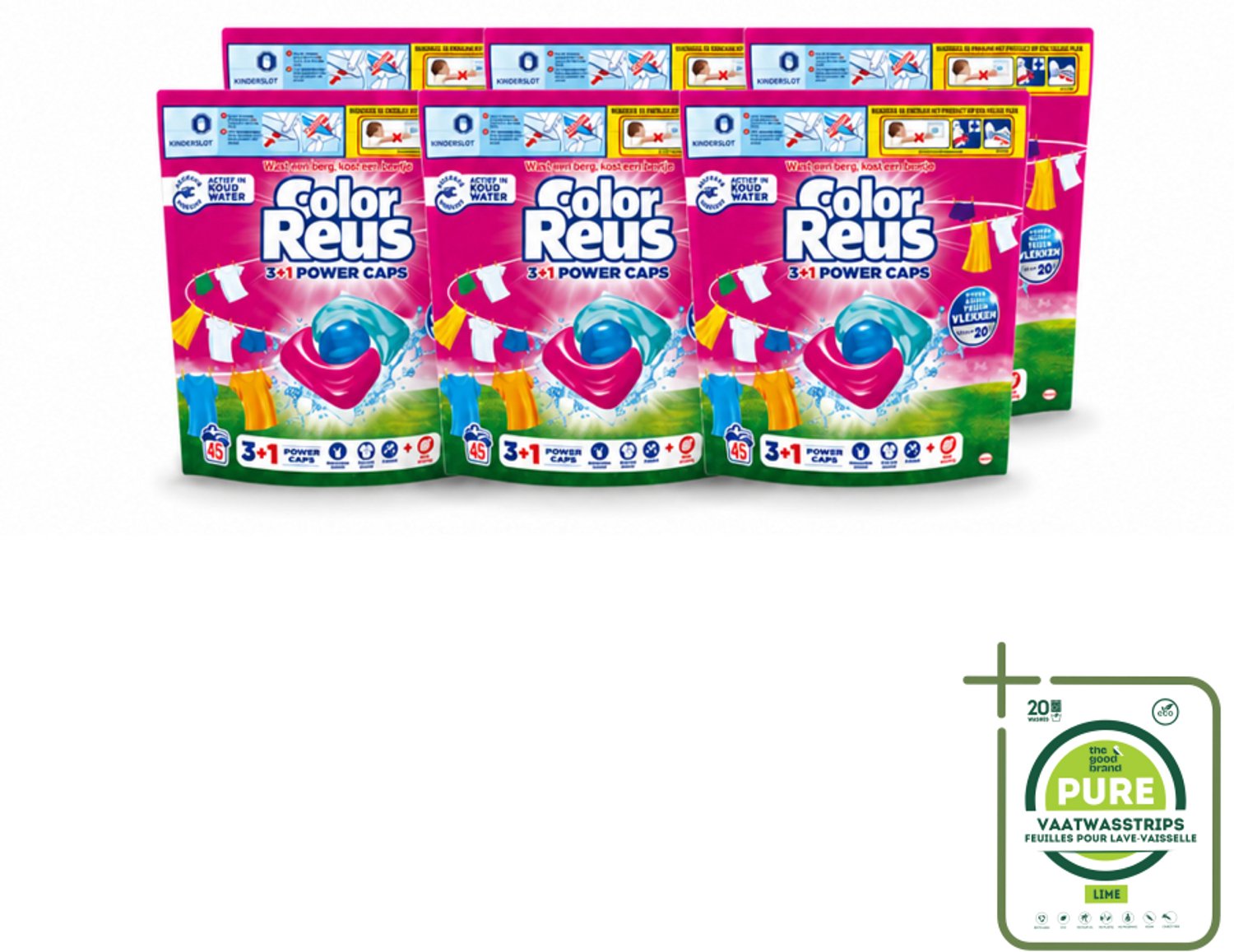 6 x Color Reus - 3+1 Power Caps - Gekleurde Was - 45 Wasbeurten - Grootverpakking - Vaatwasstrips - Was Capsules - Gekleurde Was - Kleurbescherming - Vlekverwijdering - Krachtige Was