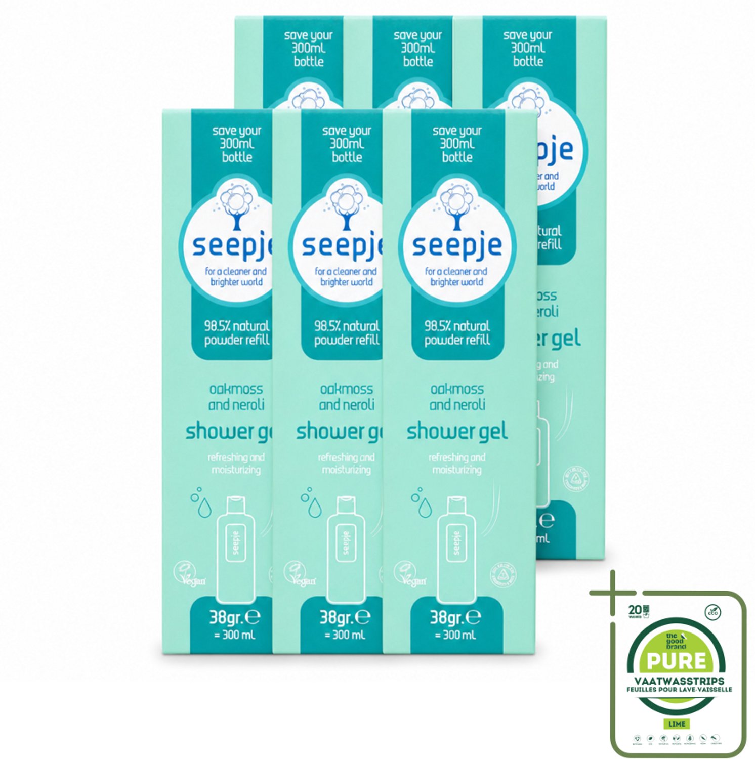 6 x Seepje - Douchegel - Duurzaam & Handig - Eikenmos en Neroli - Navulling - 38 gr - Grootverpakking - Vaatwasstrips - Douchegel Navulling - Eikenmos - Neroli - Natuurlijke Douchegel - Duurzame Douchegel