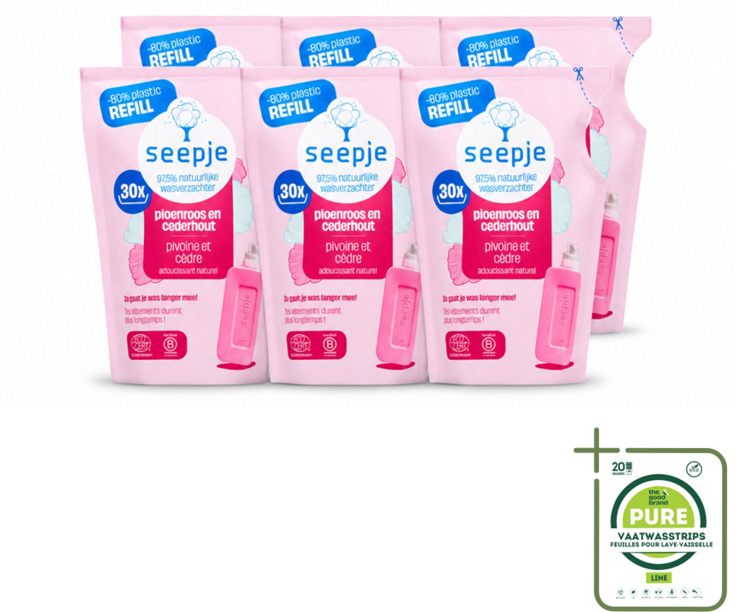 6 x Seepje - Wasverzachter - Duurzaam & Frisse Geur - Navulling - Pioenroos en Cederhout - 30 Wasbeurten - 750 ml - Grootverpakking - Vaatwasstrips - Wasverzachter - Natuurlijke Wasverzachter - Pioenroos - Cederhout - Frisse Geur